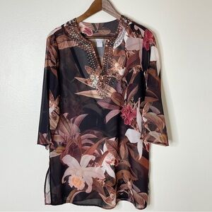 Chico's Beach Cover Up Lightweight Boho Floral Sheer Resort Vacation Size 1